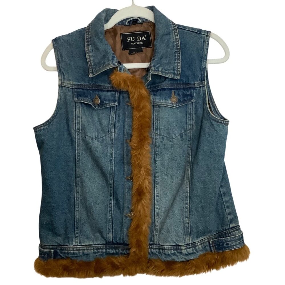 FU‎ DA New York Boho Denim Vest Faux Fur Trim Women Small 100% Cotton Pockets